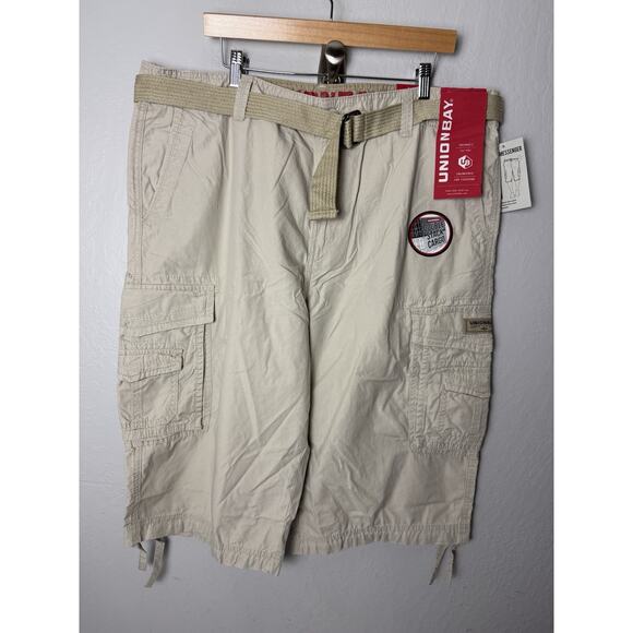 NWT UNIONBAY Shorts Mens 42 Beige Cargo Ripstop Messenger Double Stack Belted - Picture 1 of 4